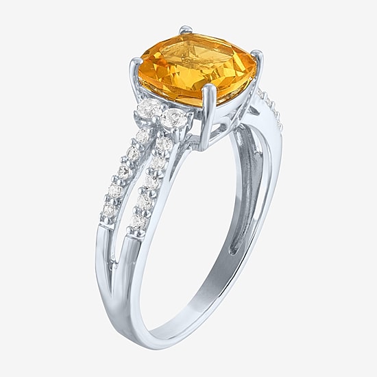 Womens Genuine Yellow Citrine Sterling Silver Side Stone Cocktail Ring