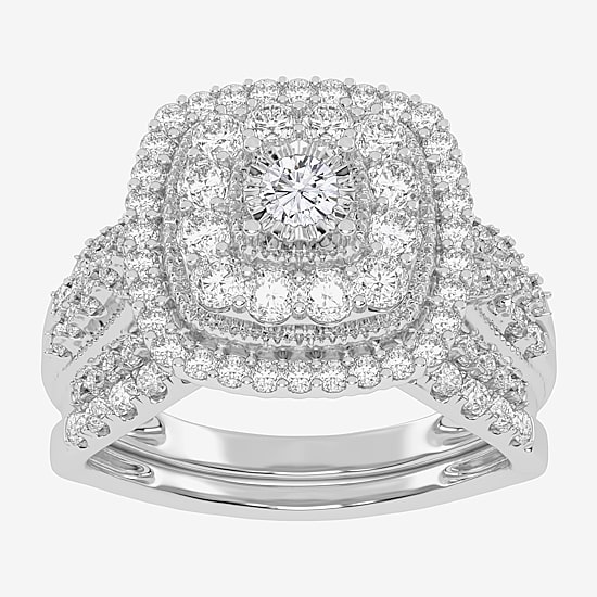 (H-I / Si1-Si2) Womens 1 CT. T.W. Lab Grown White Diamond 10K or 14K Gold Cushion Halo Bridal Set