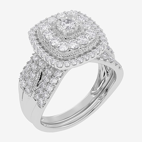 (H-I / Si1-Si2) Womens 1 CT. T.W. Lab Grown White Diamond 10K or 14K Gold Cushion Halo Bridal Set