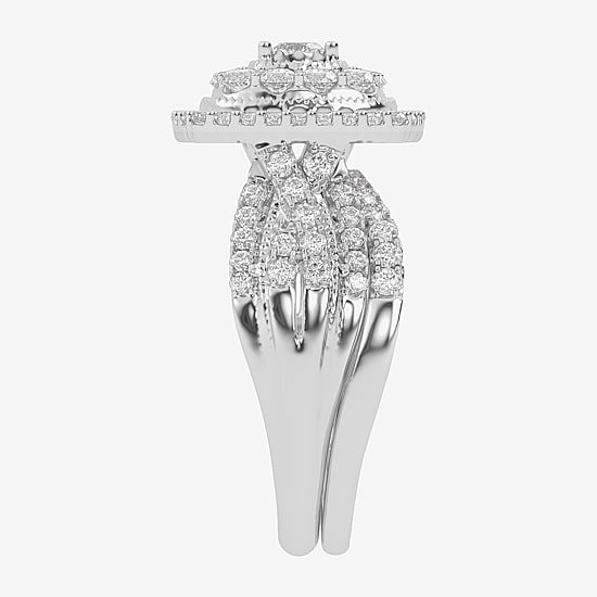 (H-I / Si1-Si2) Womens 1 CT. T.W. Lab Grown White Diamond 10K or 14K Gold Cushion Halo Bridal Set