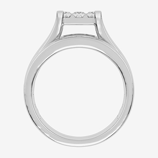 2 CT.T.W. Natural Princess & Round Diamond 10K or 14K White Gold Bridal Ring Set