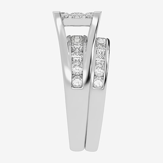 2 CT.T.W. Natural Princess & Round Diamond 10K or 14K White Gold Bridal Ring Set
