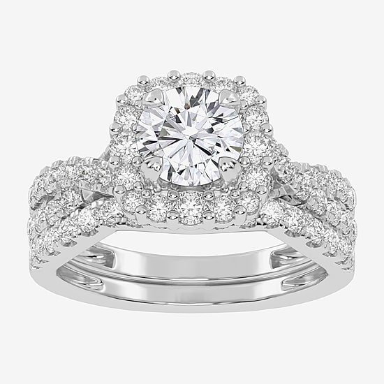 Signature By Modern Bride (G-H / Si1-Si2) Womens Lab Grown White Diamond 10K Gold Round Side Stone Halo Bridal Set