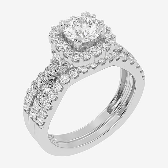 Signature By Modern Bride (G-H / Si1-Si2) Womens Lab Grown White Diamond 10K Gold Round Side Stone Halo Bridal Set