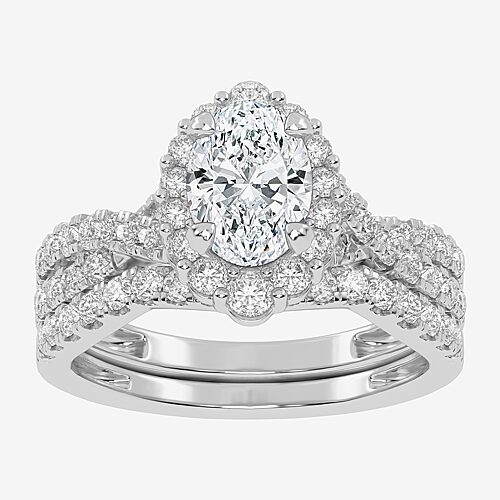 Signature By Modern Bride (G-H / Si1-Si2) Womens 1 1/3 CT. T.W. Lab Grown White Diamond 10K Gold Oval Side Stone Halo Bridal Set, 9, White
