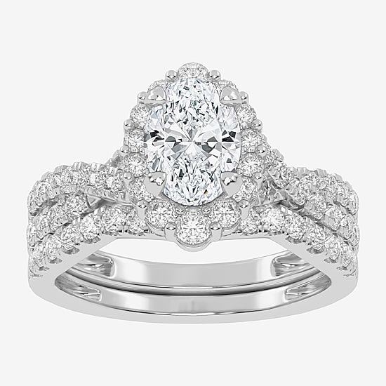 Signature By Modern Bride (G-H / Si1-Si2) Womens 1 1/3 CT. T.W. Lab Grown White Diamond 10K Gold Oval Side Stone Halo Bridal Set