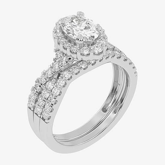 Signature By Modern Bride (G-H / Si1-Si2) Womens 1 1/3 CT. T.W. Lab Grown White Diamond 10K Gold Oval Side Stone Halo Bridal Set