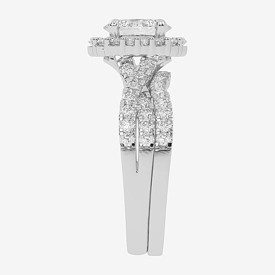 Signature By Modern Bride (G-H / Si1-Si2) Womens 1 1/3 CT. T.W. Lab Grown White Diamond 10K Gold Oval Side Stone Halo Bridal Set