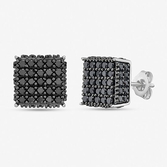 1 3/4 CT. T.W. Natural Black Diamond Sterling Silver 8mm Square Stud Earrings