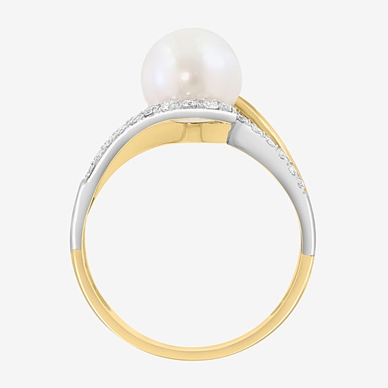 Effy Final Call Limited Quantities! Womens 1/7 CT. T.W. 8MM Genuine White Cultured Freshwater Pearl 14K Gold Round Side Stone Bypass  Cocktail Ring