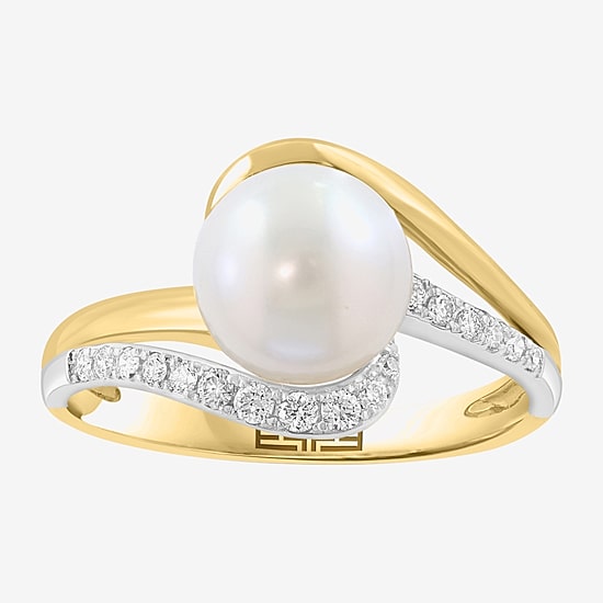 Effy Final Call Limited Quantities! Womens 1/7 CT. T.W. 8MM Genuine White Cultured Freshwater Pearl 14K Gold Round Side Stone Bypass  Cocktail Ring