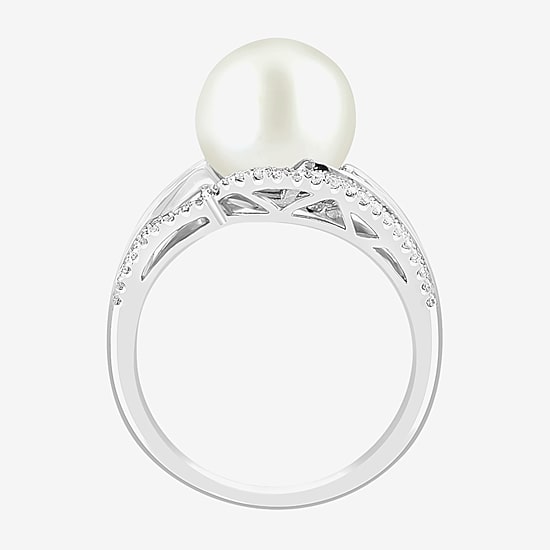 Effy Final Call Limited Quantities! Womens 1/2 CT. T.W. 10-10.5MM Genuine White Cultured Freshwater Pearl 14K Gold Round Side Stone Cocktail Ring