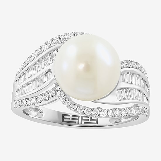Effy Final Call Limited Quantities! Womens 1/2 CT. T.W. 10-10.5MM Genuine White Cultured Freshwater Pearl 14K Gold Round Side Stone Cocktail Ring