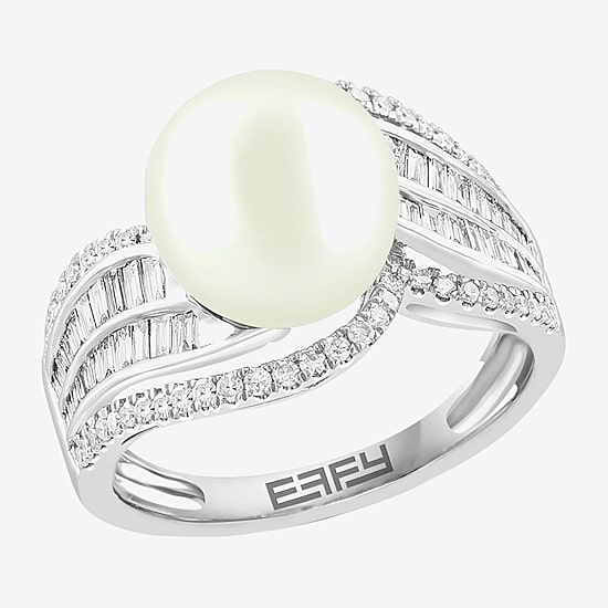 Effy Final Call Limited Quantities! Womens 1/2 CT. T.W. 10-10.5MM Genuine White Cultured Freshwater Pearl 14K Gold Round Side Stone Cocktail Ring