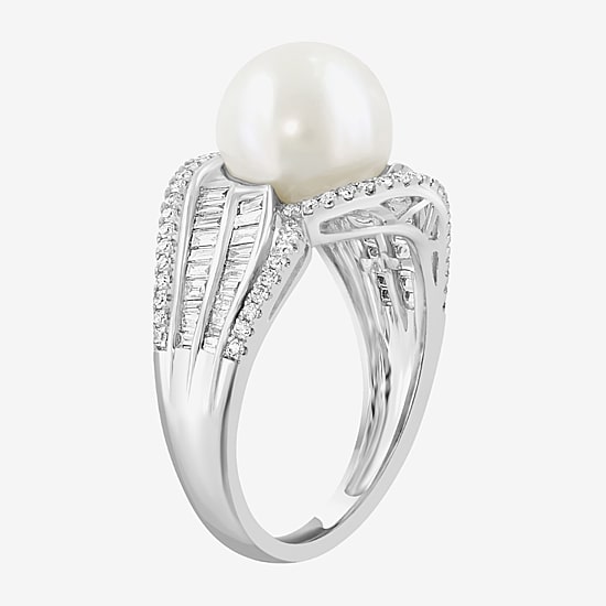 Effy Final Call Limited Quantities! Womens 1/2 CT. T.W. 10-10.5MM Genuine White Cultured Freshwater Pearl 14K Gold Round Side Stone Cocktail Ring