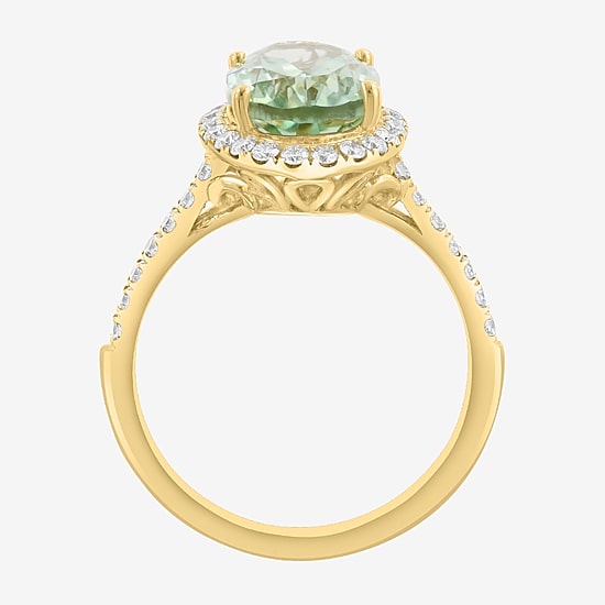 Effy Final Call Limited Quantities! Womens 1/2 CT. T.W. Genuine Green Amethyst 14K Gold Oval Halo Side Stone Cocktail Ring