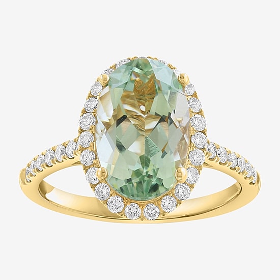 Effy Final Call Limited Quantities! Womens 1/2 CT. T.W. Genuine Green Amethyst 14K Gold Oval Halo Side Stone Cocktail Ring