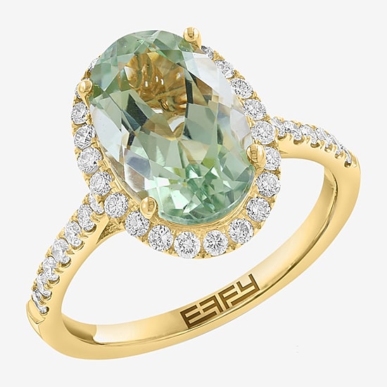 Effy Final Call Limited Quantities! Womens 1/2 CT. T.W. Genuine Green Amethyst 14K Gold Oval Halo Side Stone Cocktail Ring