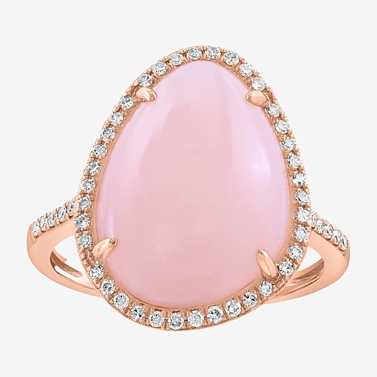 Effy Final Call Limited Quantities! Womens 1/5 CT. Genuine Pink Opal 14K Gold Pear Halo Side Stone Cocktail Ring