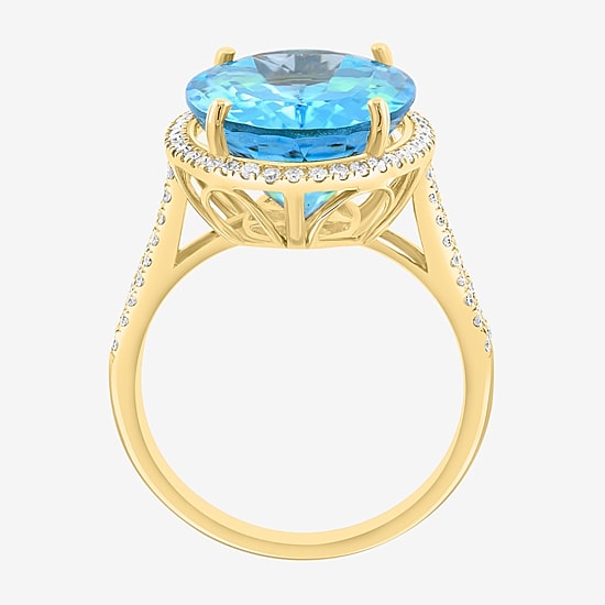 Effy Final Call Limited Quantities! Womens 3/8 CT. T.W. Genuine Blue Topaz 14K Gold Oval Halo Side Stone Cocktail Ring