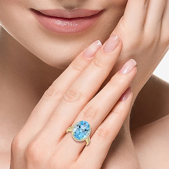 Effy Final Call Limited Quantities! Womens 3/8 CT. T.W. Genuine Blue Topaz 14K Gold Oval Halo Side Stone Cocktail Ring