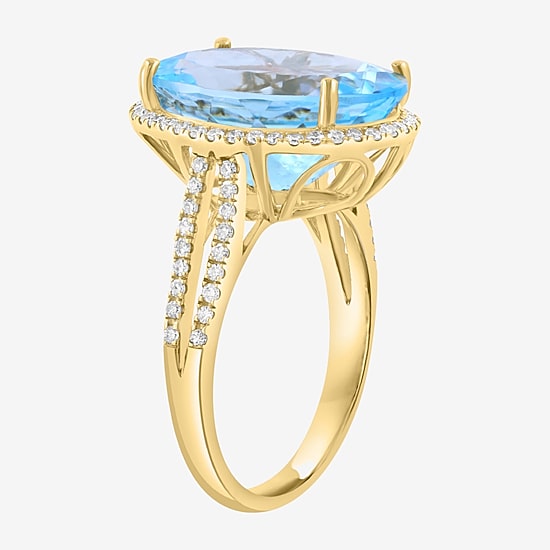 Effy Final Call Limited Quantities! Womens 3/8 CT. T.W. Genuine Blue Topaz 14K Gold Oval Halo Side Stone Cocktail Ring