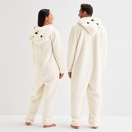 North Pole Trading Co. Polar Bear Unisex Adult Sherpa Long Sleeve Hooded Matching Family One Piece Pajama