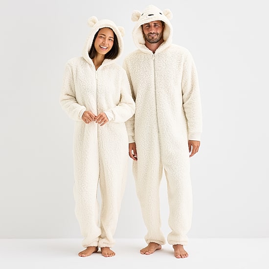North Pole Trading Co. Polar Bear Unisex Adult Sherpa Long Sleeve Hooded Matching Family One Piece Pajama