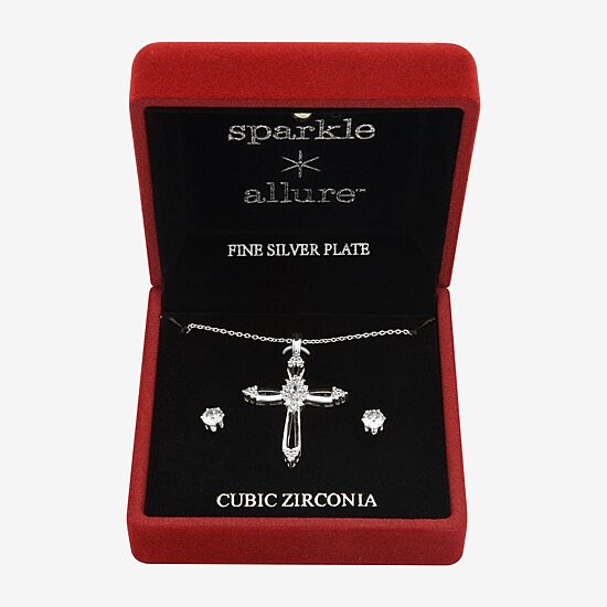 Sparkle Allure Light Up Box Womens Cubic Zirconia Pure Silver Over Brass Cross 2-pc. Jewelry Set