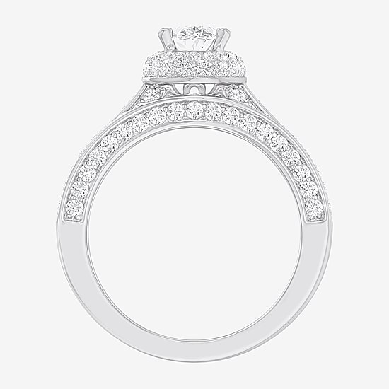 (G-H / Si1-Si2) Womens 1 7/8 CT. T.W. Lab Grown White Diamond 14K Gold Oval Side Stone Halo Engagement Ring