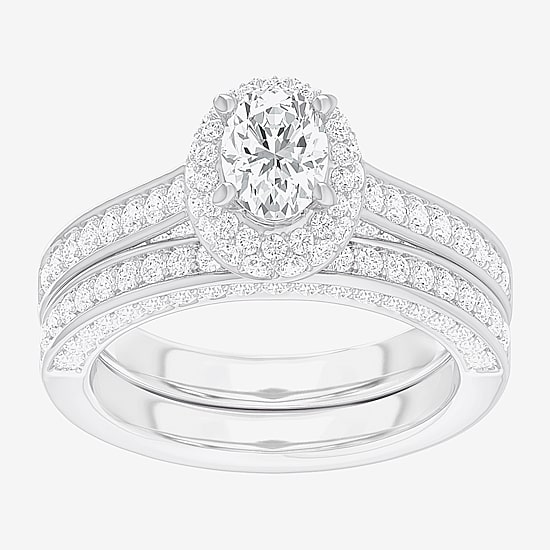(G-H / Si1-Si2) Womens 1 7/8 CT. T.W. Lab Grown White Diamond 14K Gold Oval Side Stone Halo Engagement Ring