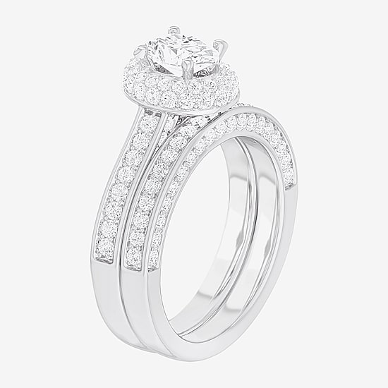 (G-H / Si1-Si2) Womens 1 7/8 CT. T.W. Lab Grown White Diamond 14K Gold Oval Side Stone Halo Engagement Ring