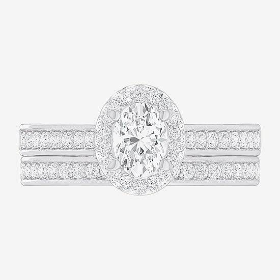(G-H / Si1-Si2) Womens 1 7/8 CT. T.W. Lab Grown White Diamond 14K Gold Oval Side Stone Halo Engagement Ring