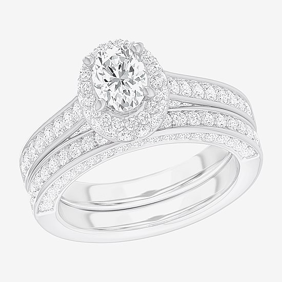 (G-H / Si1-Si2) Womens 1 7/8 CT. T.W. Lab Grown White Diamond 14K Gold Oval Side Stone Halo Engagement Ring