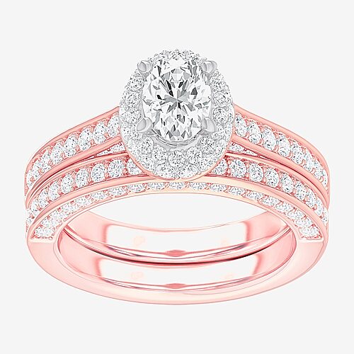 (G-H / Si1-Si2) Womens 1 7/8 CT. T.W. Lab Grown White Diamond 14K Gold Oval Side Stone Halo Engagement Ring, 9, Rose
