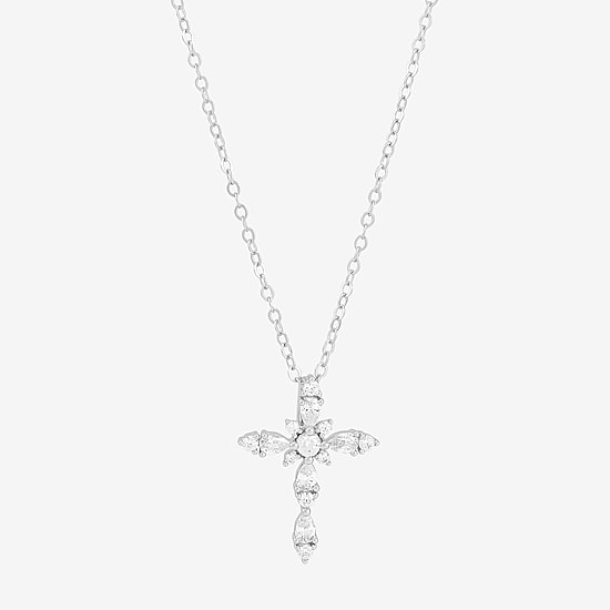 Diamonart Womens White Cubic Zirconia Sterling Silver Cross 18 Inch Pendant Necklace