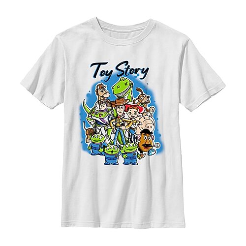 Disney Collection Little & Big Kid Boys Crew Neck Short Sleeve Regular Fit Buzz Lightyear Jessie Rex Graphic T-Shirt, Small, White
