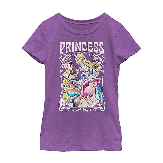 Disney Collection Little & Big Kid Girls Crew Neck Short Sleeve Regular Fit Ariel Belle Cinderella Graphic T-Shirt
