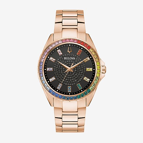Bulova Classic Crystal Mens Crystal Accent Rose Goldtone Stainless Steel Bracelet Watch 97a180