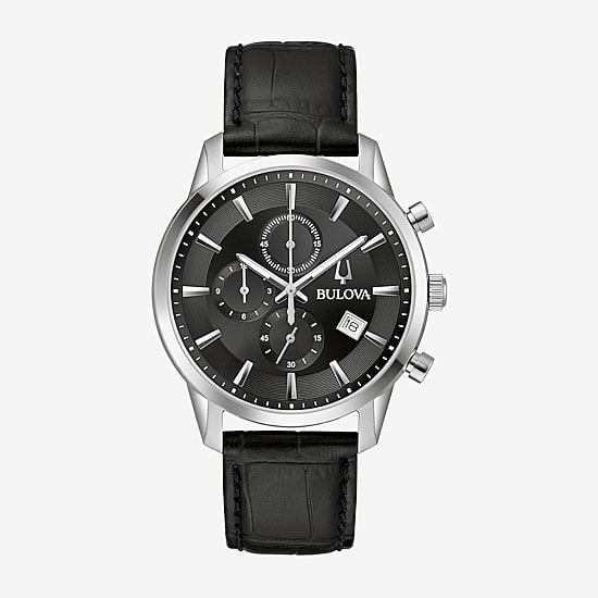 Bulova Classic Sutton Mens Chronograph Black Leather Strap Watch 96b403