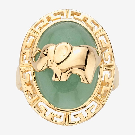 Elephant Womens 3MM Genuine Green Jade 14K Gold Over Silver Band