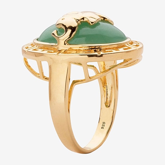 Elephant Womens 3MM Genuine Green Jade 14K Gold Over Silver Band