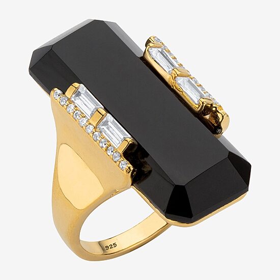 Womens Genuine Black Onyx 18K Gold Over Silver Cocktail Ring