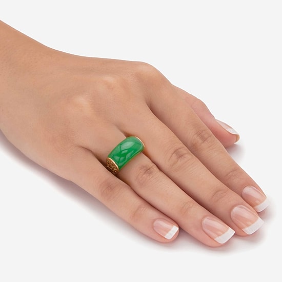 Womens 3MM Genuine Green Jade 14K Gold Over Silver Band