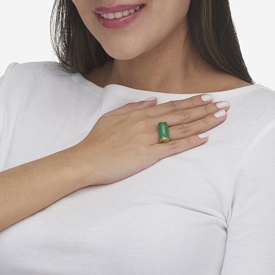 Womens 3MM Genuine Green Jade 14K Gold Over Silver Band