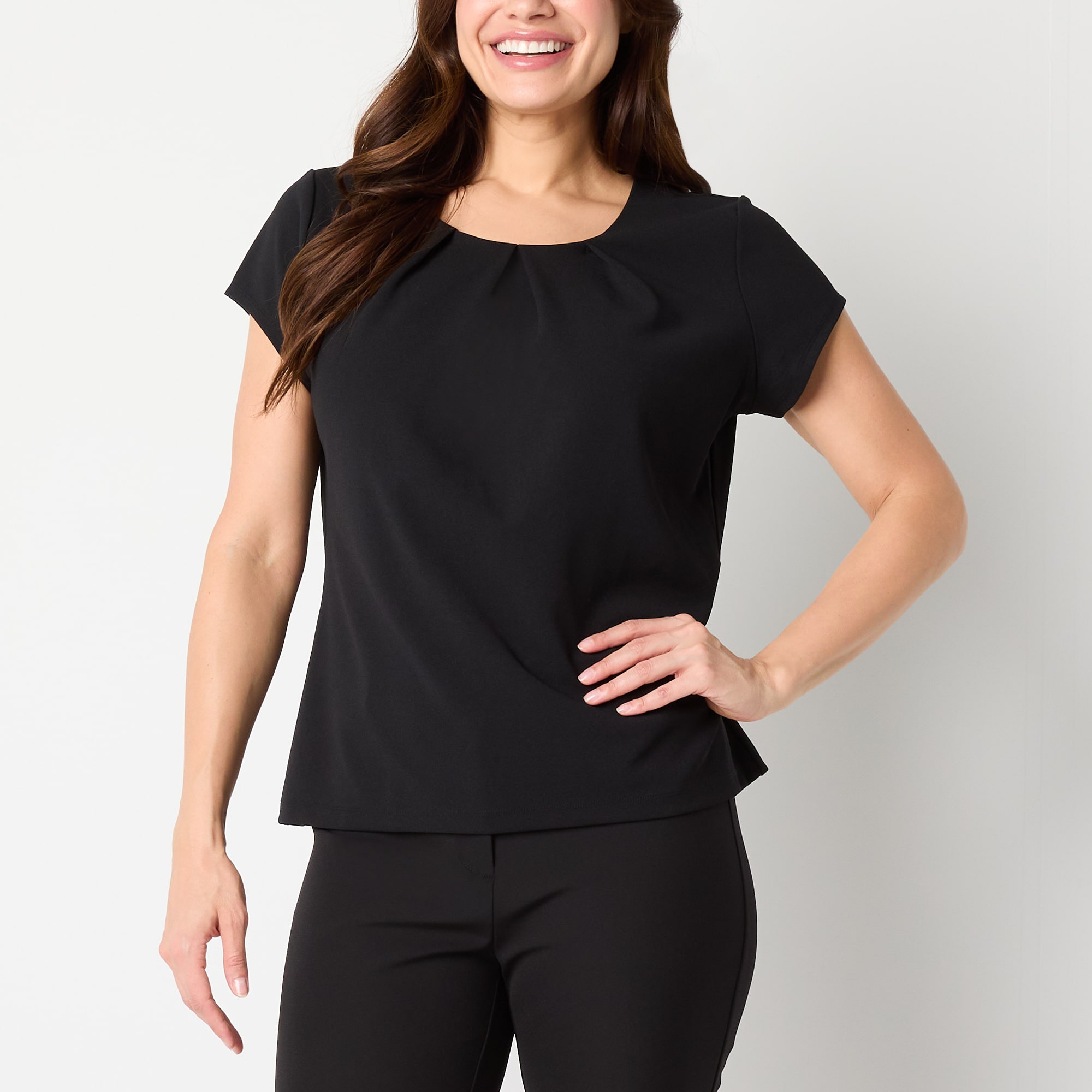 Liz Claiborne Womens Round Neck Short Sleeve Blouse