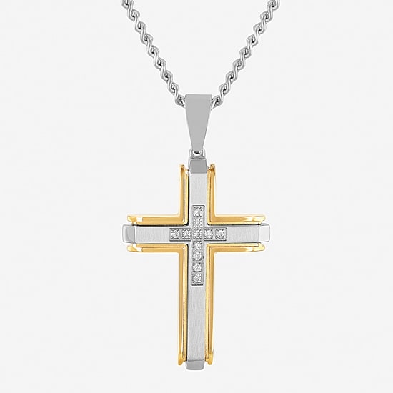 (G-H / I1) Mens 1/5 CT. Lab Grown White Diamond Stainless Steel Cross 24 Inch Pendant Necklace