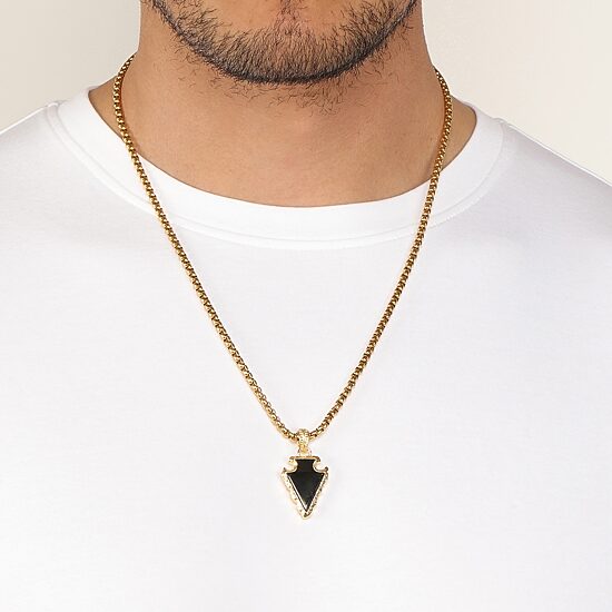 Mens Black Agate Stainless Steel Arrow 24 Inch Pendant Necklace