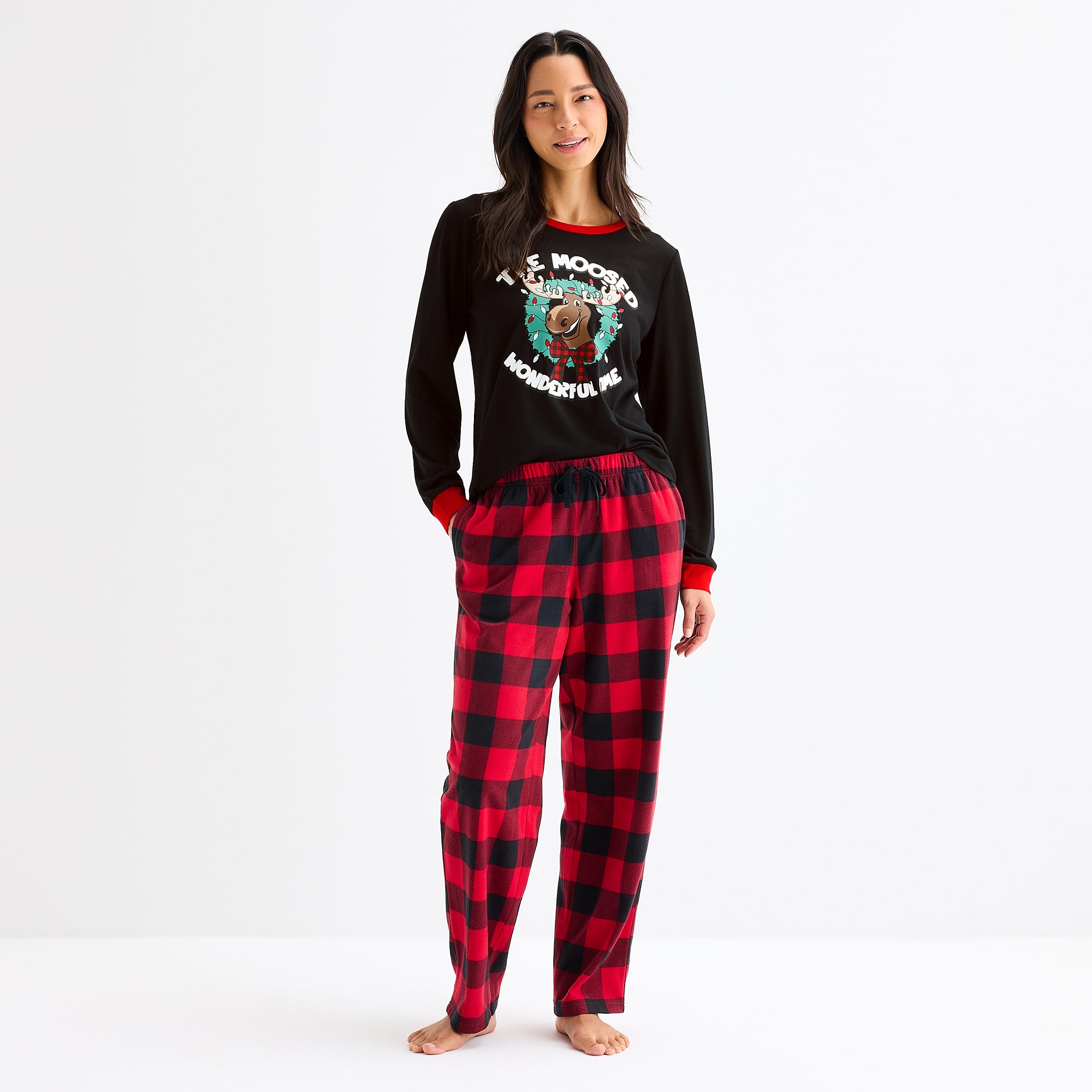 North Pole Trading Co. Moose Buffalo Womens Crew Neck Long Sleeve 2-pc. Matching Family Pajama Set