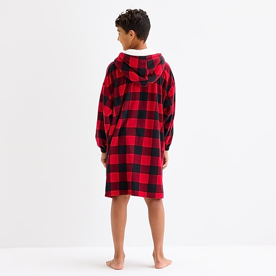 North Pole Trading Co. Moose Buffalo Check Little & Big Kid Unisex Microfleece Long Sleeve Hooded Matching Family Nightgown